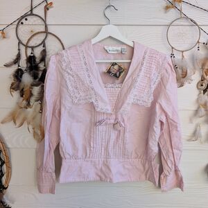 Vintage 90's Diversity Top Blouse Secretary Career Pink Lace Trim Blouse